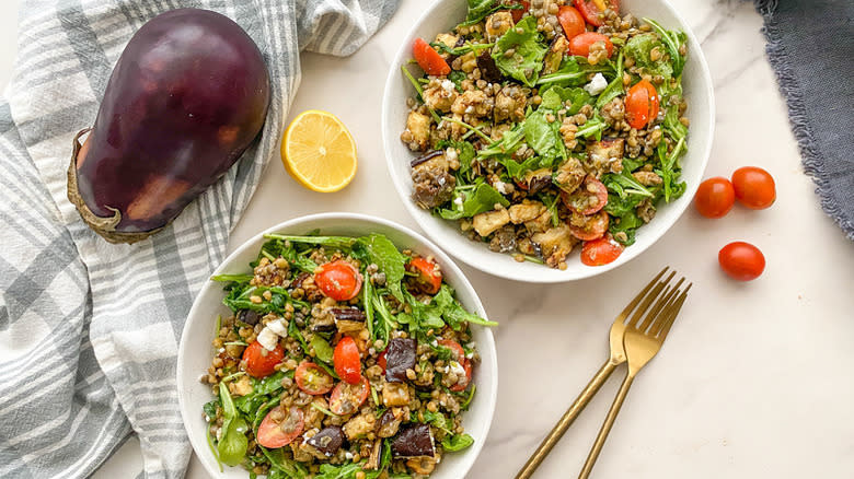 bowls of eggplant lentil salad