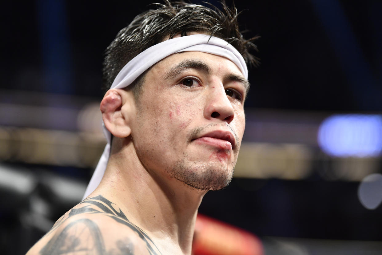 Brandon Moreno reacts after his decision loss to Deiveson Figueiredo in their UFC flyweight championship fight at UFC 270 on Jan. 22. (Chris Unger/Zuffa LLC)