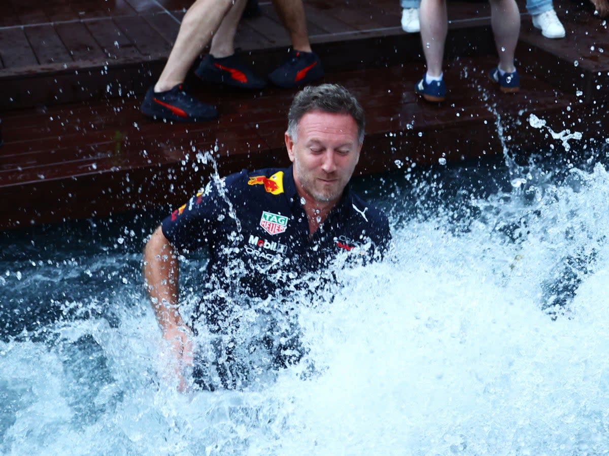 Christian Horner celebrates in a trackside pool in Monaco (Getty Images)