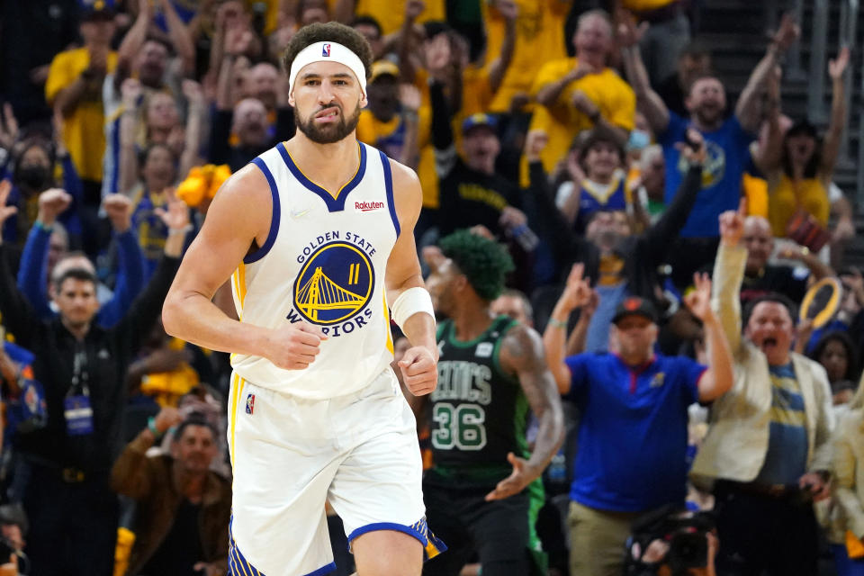 Golden State Warriors guard Klay Thompson reacts after making a 3-pointer against the Boston Celtics in Game 5 of the 2022 NBA Finals at Chase Center in San Francisco on June 13, 2022. (Kyle Terada/USA TODAY Sports)