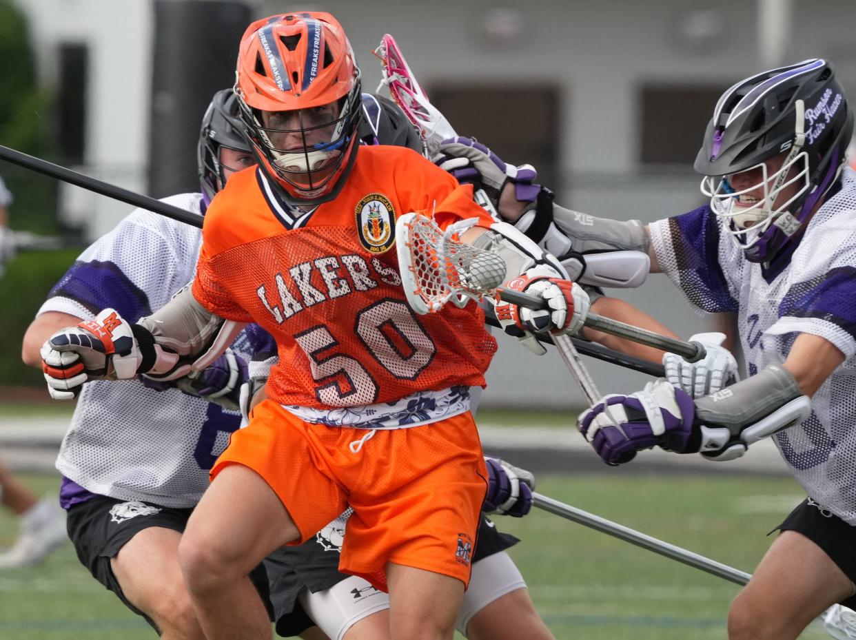 Bridgewater, NJ - June 9, 2023 —   Merric Martorana of Mountain Lakes as Rumson defeated Mountain Lakes 12-6 to win the Group 1 boys lacrosse final played in Bridgewater.