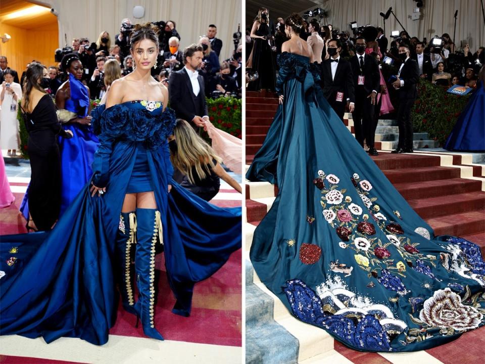 Front and back of Taylor Hill's blue met gala dress with long train