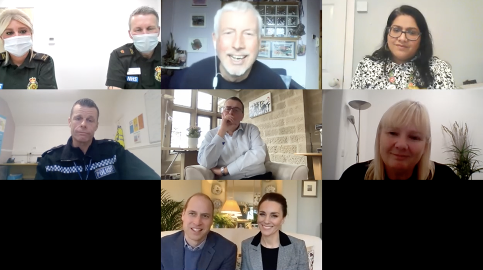 Prince William and Duchess Kate of Cambridge (bottom, center) appear on a video call with British health and emergency workers to talk about mental-health services for those on the frontline dealing with a surge in COVID-19 deaths in Britain, Jan. 13, 2021.