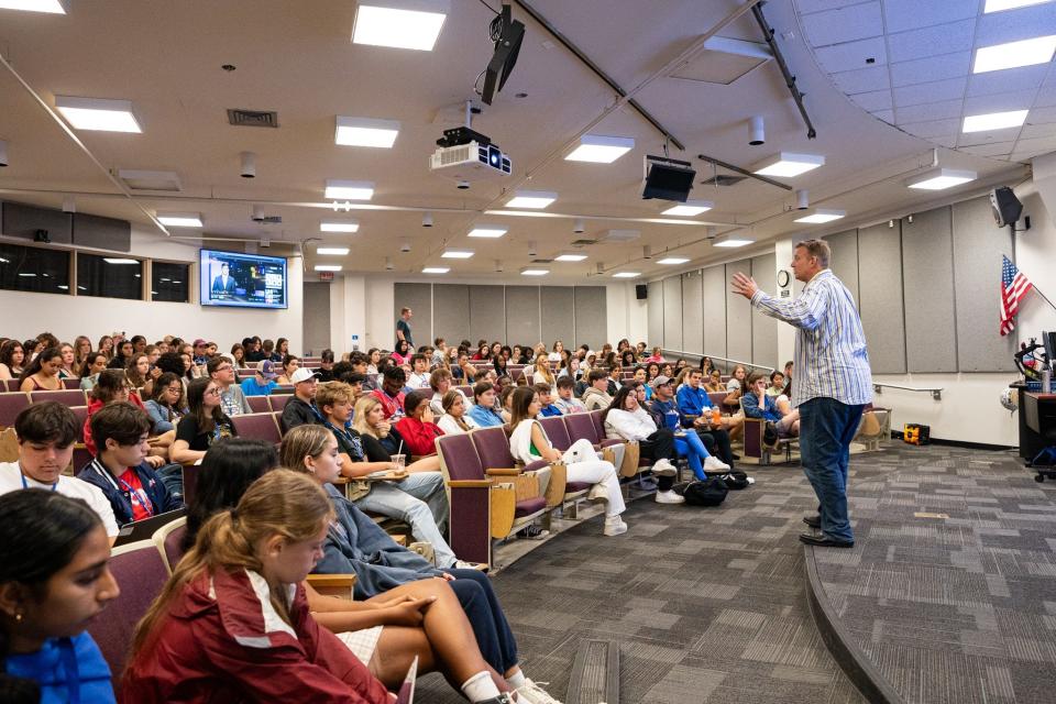 Students at the Summer Media Institute listen to Ted Spiker, department of journalism chair, at the University of Florida's College of Journalism and Communications in Gainesville, Florida.
