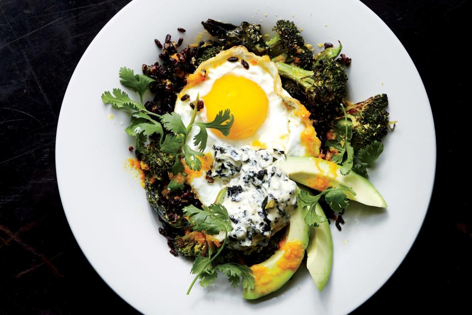 Stir-Fried Black Rice with Fried Egg and Roasted Broccoli