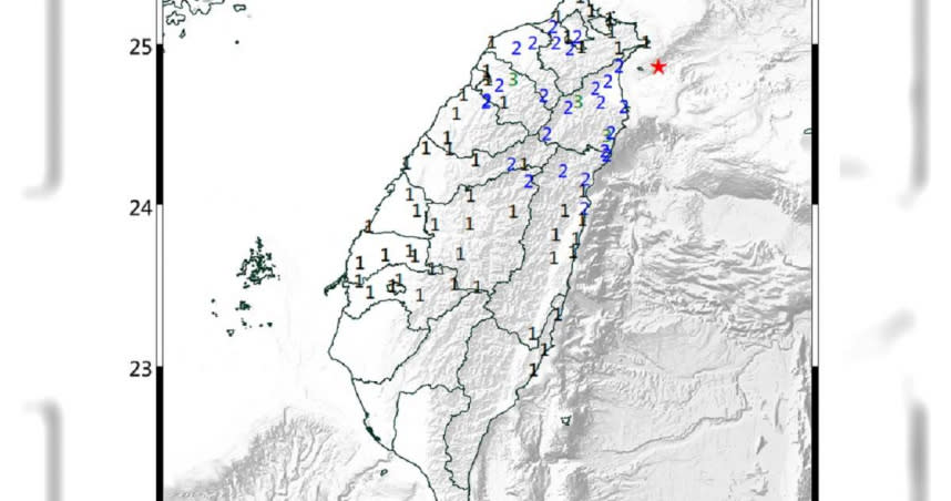 北台灣6日晚間9點06分發生芮氏規模5.3地震，在台北市區明顯感覺搖晃5秒。（圖／翻攝自氣象局）