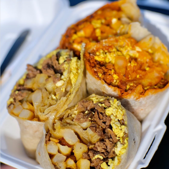 Breakfast burritos from Tacos Veganos, a food truck in Phoenix, feature soyrizo, faux carne asada and tofu scramble.
