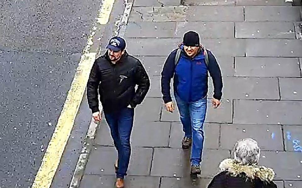 Alexander Petrov and Ruslan Boshirov, pictured on CCTV in Salisbury, are still wanted in connection with the nerve agent attack - Metropolitan Police