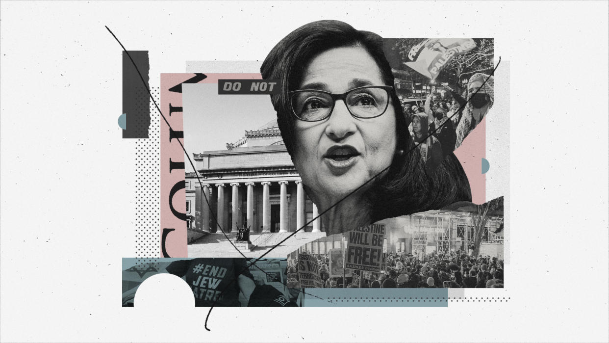  Photo montage of Columbia University president Minouche Shafik, campus grounds and pro-Palestine protests. 