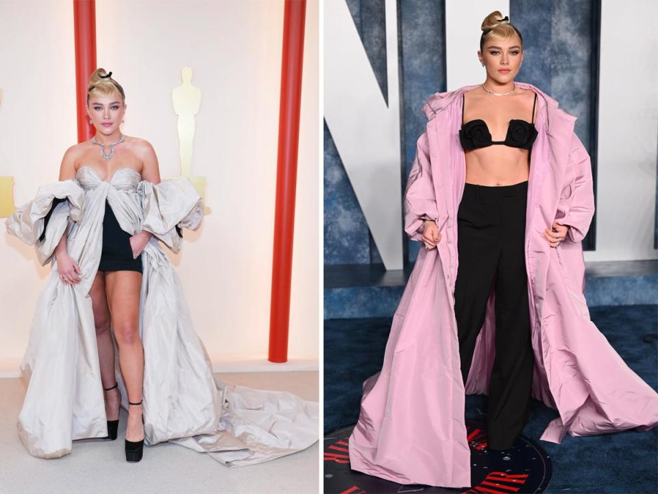 A side-by-side of Florence Pugh at the Oscars and the Vanity Fair Oscars After Party in 2023.