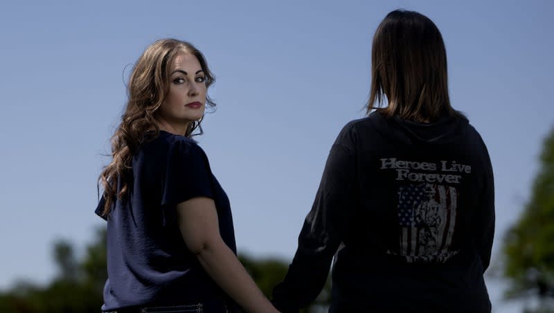 Kristy and Misti are photographed in West Jordan on Thursday. Both women were sexually abused by Samuel Faber, whom they met on a dating app. Faber has pleaded guilty and will be sentenced in August.