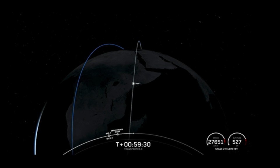 鴻海集團與中央大學共同開發首顆寬頻通訊立方衛星「珍珠號」（PEARL），11/12凌晨終於在美國加州范登堡太空基地，搭乘SpaceX的獵鷹9號運載火箭順利升空，並陸續在飛行時間第57分鐘以及第59分鐘完成軌道部署。翻攝SpaceX