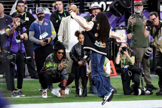 <p>Ezra Shaw/Getty</p> Jay-Z, Blue Ivy Carter and Rumi Carter at Allegiant Stadium on February 11, 2024 in Las Vegas, Nevada.