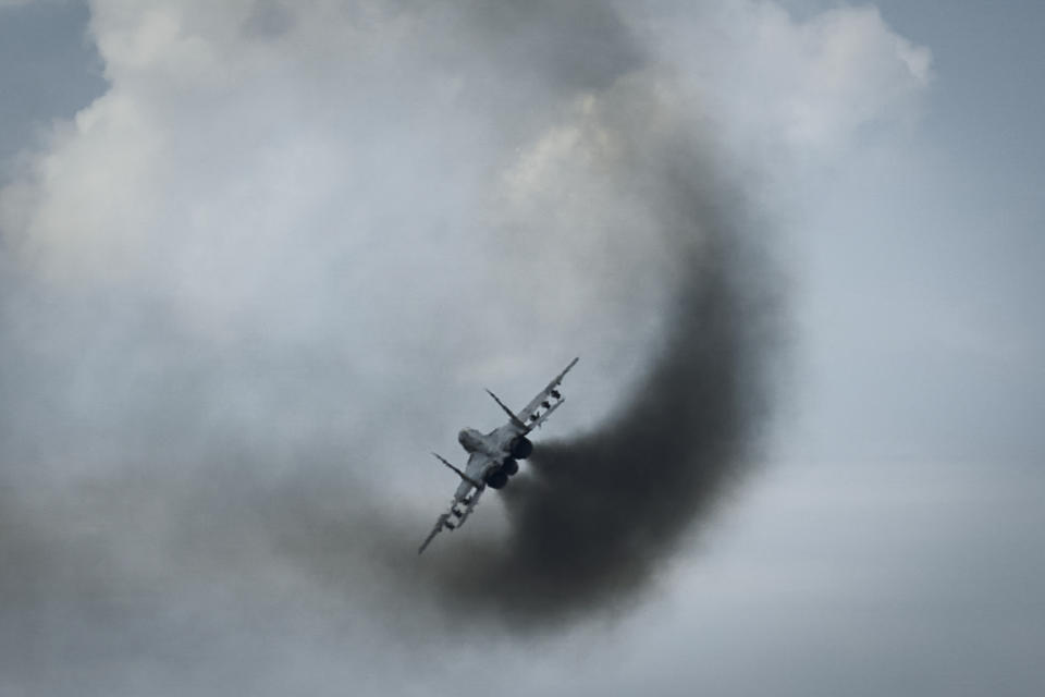 A Mig-29 fighter of the Ukrainian air force is seen on a mission in Ukraine's war-hit east Wednesday, Aug. 2, 2023. (AP Photo/Libkos)