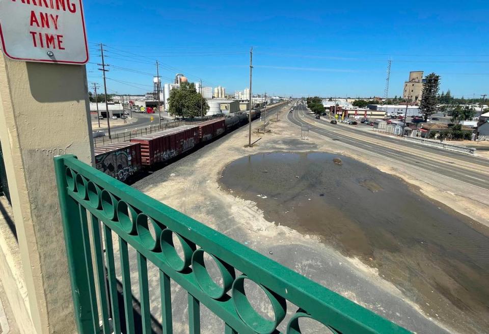 The first Altamont Corridor Express trains in Modesto, California, could use a temporary platform under the Needham Street overpass. The permanent downtown station has engineering challenges, officials said on April 29, 2024. John Holland/Jholland@modbee.com