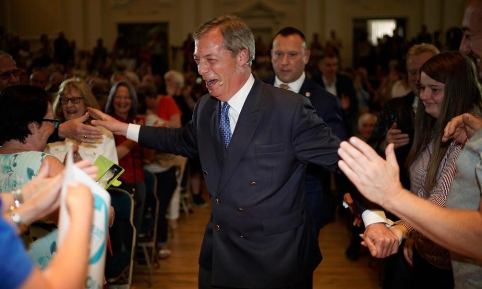 Nigel Farage works an adoring crowd at his Brexit party rally in Nottingham yesterday.