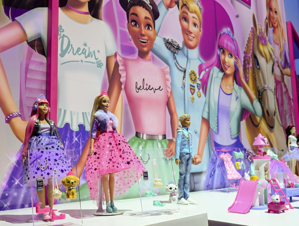 Barbie Princess Adventure is an all new musical sing along with long-form content and product debuting in Fall 2020. The Barbie Deluxe Princess line showcased at New York Toy Fair Friday, Feb. 21, 2020 includes two dolls, trendy outfits and their personal pets, all inspired by Barbie Princess Adventure. (Diane Bondareff /AP Images for Mattel)