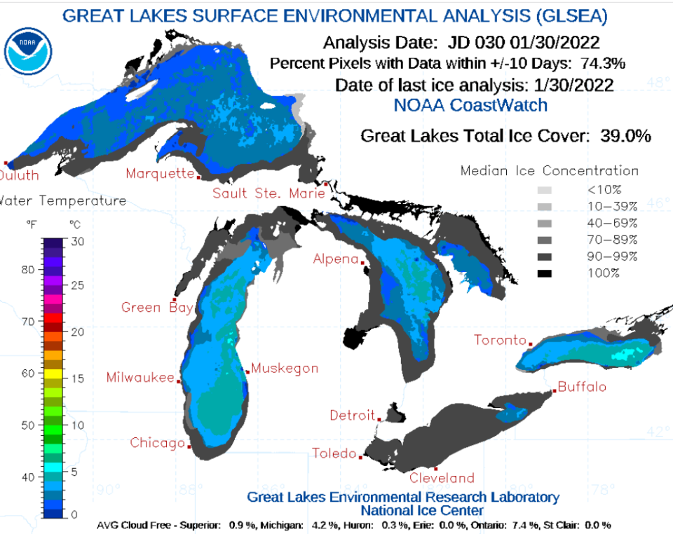 Ice cover on the Great Lakes as of Jan. 30.