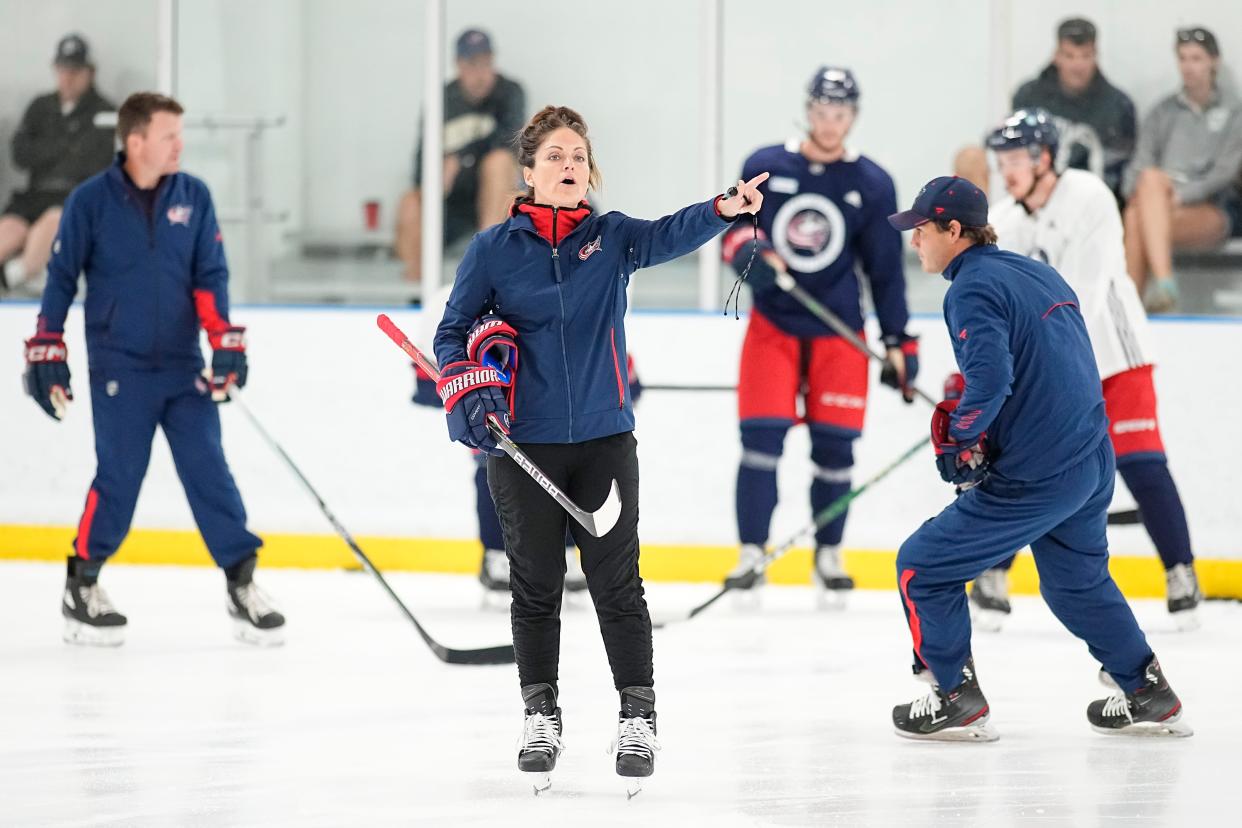 Jul 2, 2023; Columbus, Ohio, USA;  Ohio State women’s hockey head coach Nadine Muzerall instructs players during the Columbus Blue Jackets development camp at the OhioHealth Chiller North in Lewis Center. 