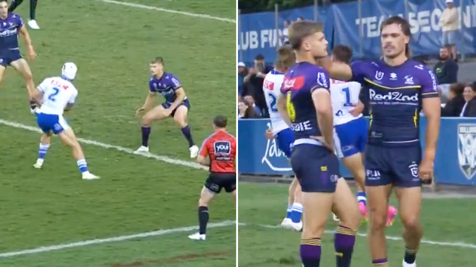 Bulldogs score a try and Ryan Papenhuyzen consoles youngster Keagan Russell-Smith.