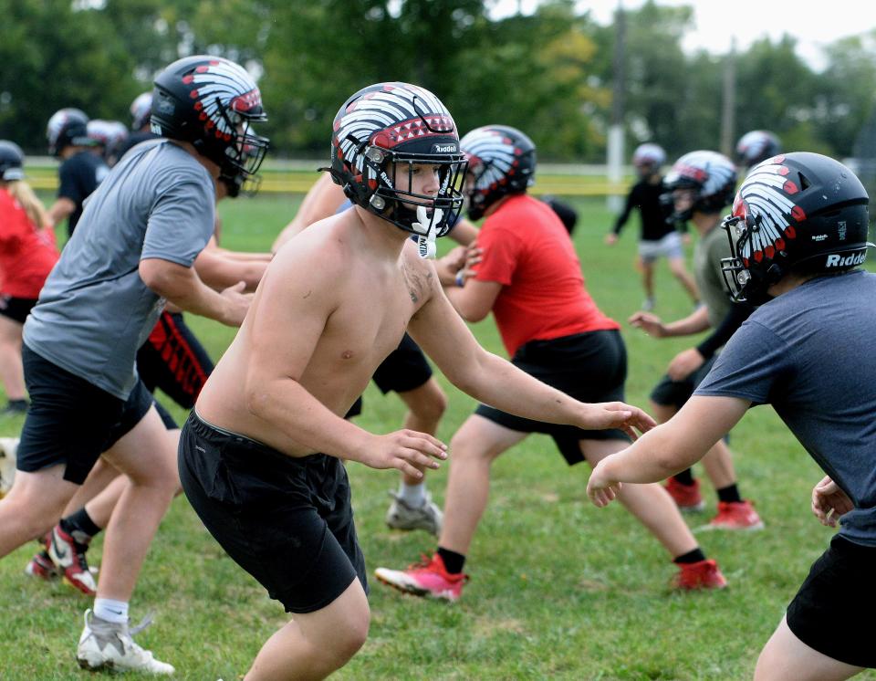 Nokomis High School's Daryl Evans during a drill at football practice Tuesday, Sept. 24, 2024.