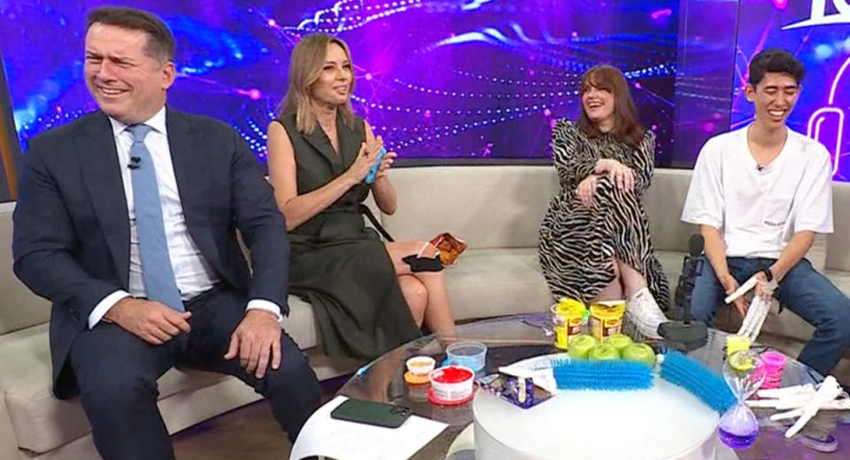 Karl Stefanovic, Ally Langdon sit on the Today show couch with Laura Nagy and Jonah Singer.