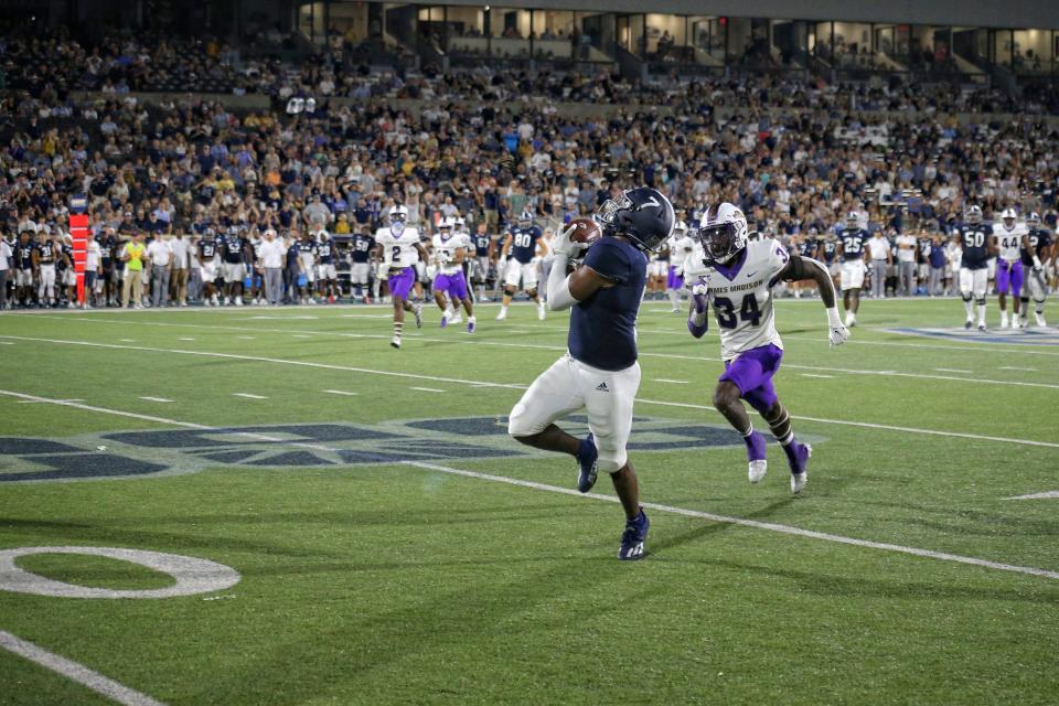 Khaleb Hood had a game-leading eight catches in Georgia Southern's 45-38 win against then-No. 25 James Madison in Paulson Stadium on Oct. 15, including this one in the fourth quarter for 14 yards.
