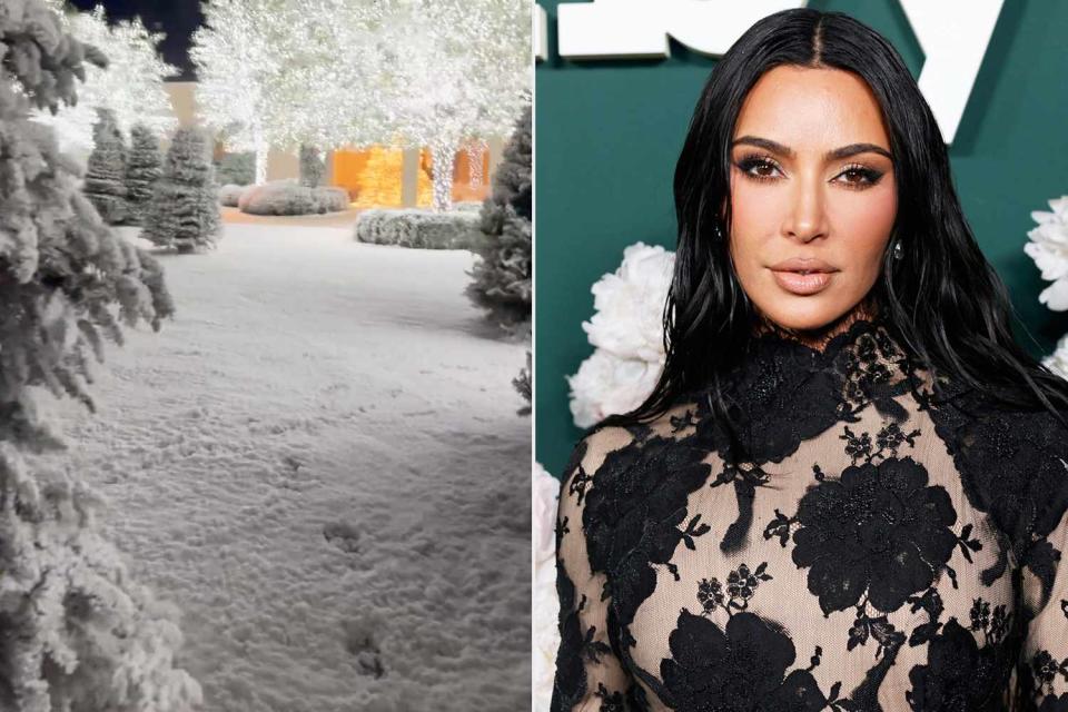 <p>Kim Kardashian/Instagram; Stefanie Keenan/Getty</p> Kim Kardashian covered her yard in snow for her family