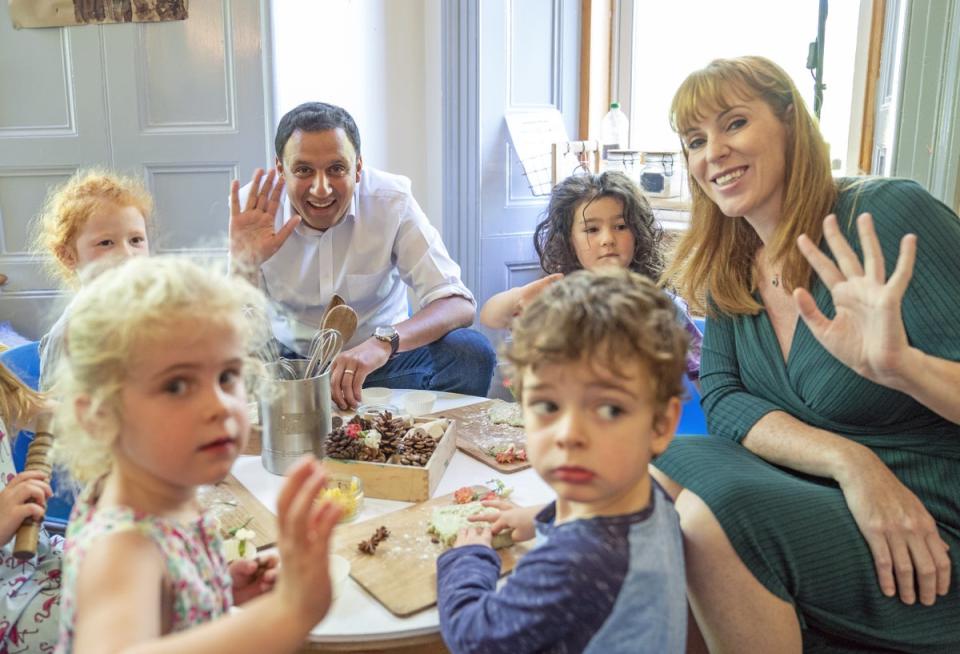 Labour’s deputy leader joined Anas Sarwar, Scottish Labour leader, to visit Norwood House Nursery, a Kidzcare childcare facility, in Edinburgh. (Jane Barlow/PA) (PA Wire)