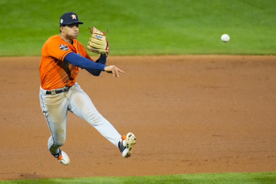 Houston Astros shortstop Jeremy Pena in action during the Game 5 of baseball's World Series against the Philadelphia Phillies, Thursday, Nov. 3, 2022, in Philadelphia. (AP Photo/Chris Szagola)