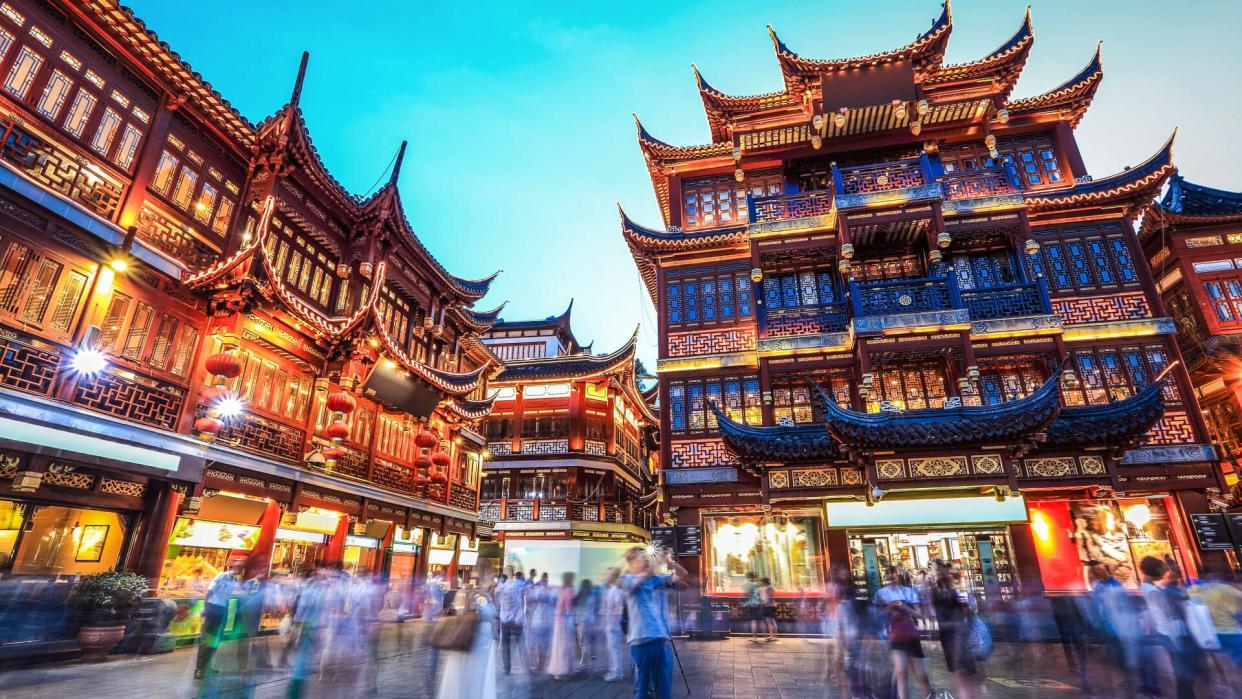 beautiful yuyuan garden at night,traditional shopping area in shanghai, China.