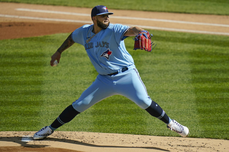 Toronto Blue Jays Alek Manoah delivers a pitch during the first inning of the first game of a baseball doubleheader against the New York Yankees Thursday, May 27, 2021, in New York. (AP Photo/Frank Franklin II)