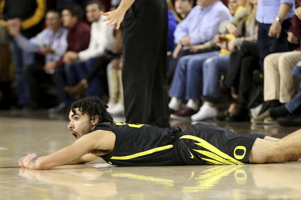 Oregon's Addison Patterson reacts after getting fouling Arizona State's Alonzo Verge during the second half of an NCAA college basketball game Thursday, Feb. 20, 2020, in Tempe, Ariz.(AP Photo/Darryl Webb)