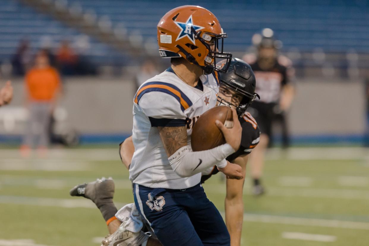 Riverside's Angel Munoz ​(1) at a Class 4A, Division I regional semifinal high school football game against Springwood Saturday, Nov. 27, 2021, at Grande Communications Stadium in Midland, TX.