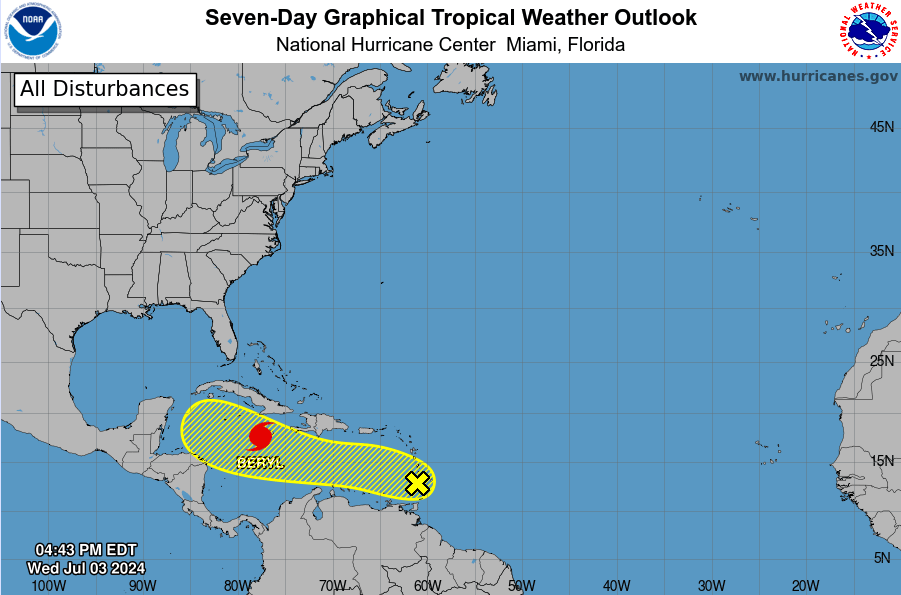 A map showing Hurricane Beryl in the Caribbean