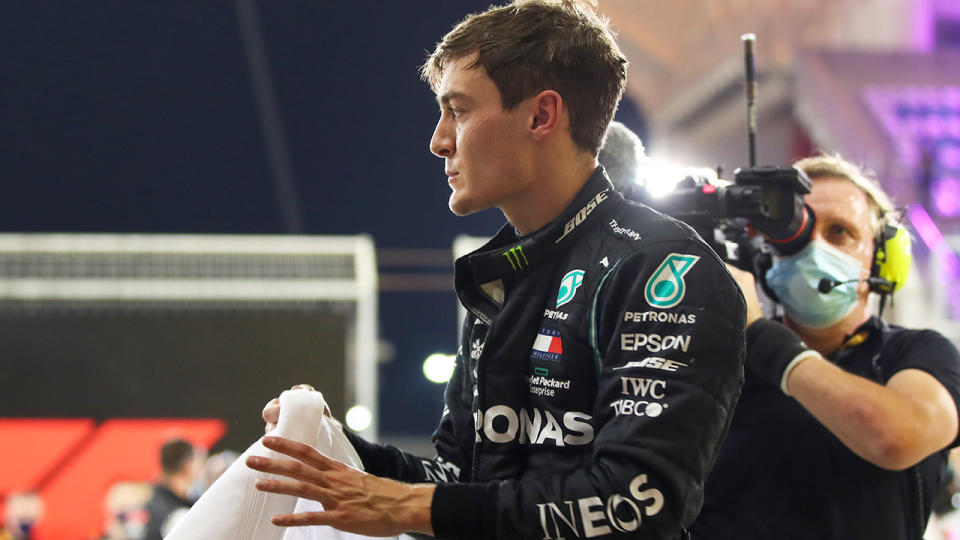 George Russell, who is filling in for Mercedes world champion Lewis Hamilton, qualified a stunning second for this weekend's Sakhir Grand Prix. (Photo by TOLGA BOZOGLU/POOL/AFP via Getty Images)