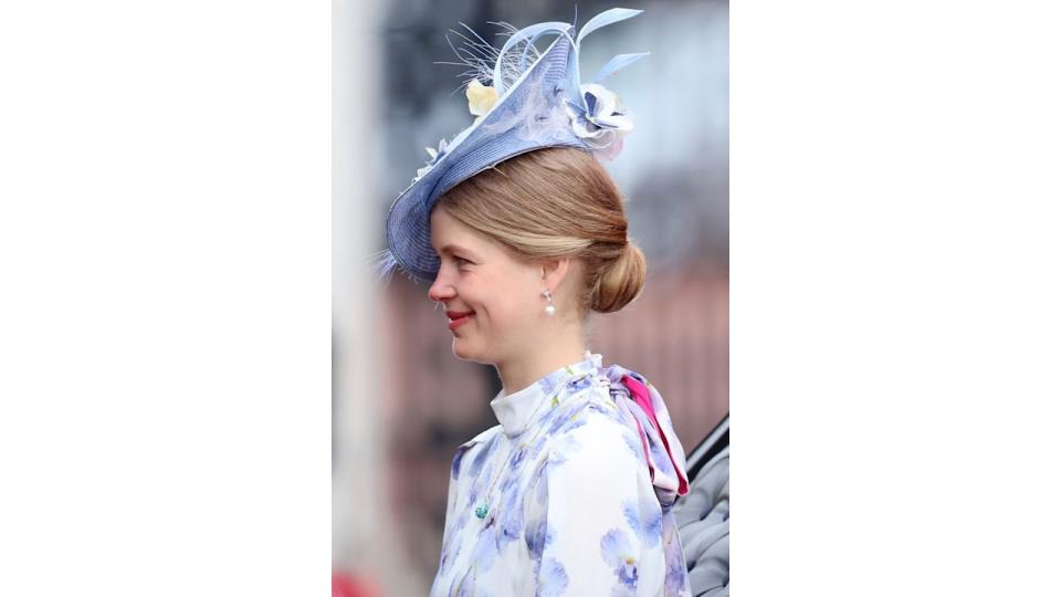 Lady Louise Windsor side profile in blue hat