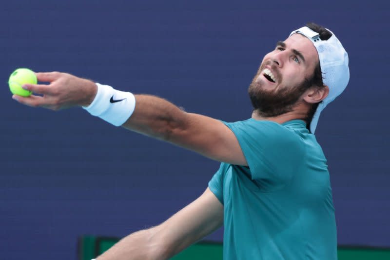 Russian Karen Khachanov (pictured) beat Argentine Francisco Cerundolo in three sets in the Round of 32 at the 2024 Miami Open on Monday in Miami Gardens, Fla. File Photo by Gary I Rothstein/UPI