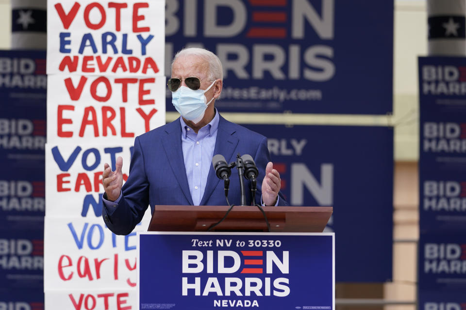 Democratic presidential candidate former Vice President Joe Biden speaks as he visits East Las Vegas Community Center, Friday, Oct. 9, 2020, in Las Vegas. (AP Photo/Carolyn Kaster)