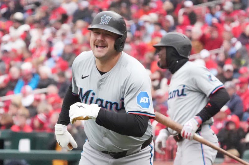 Miami Marlins infielder Jake Burger recorded two hits and an RBI in a win over the New York Mets on Friday in Miami. File Photo by Bill Greenblatt/UPI