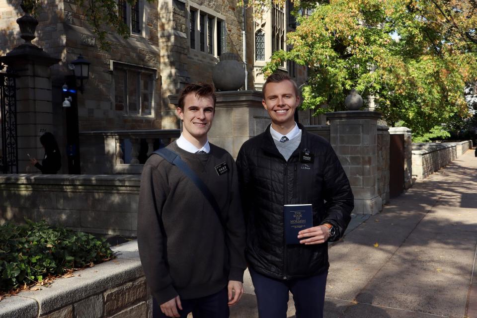 Two missionaries for The Church of Jesus Christ of Latter-day Saints walk near Yale University in New Haven, Conn., on Tuesday, Oct. 24, 202 | Sam Benson, Deseret News