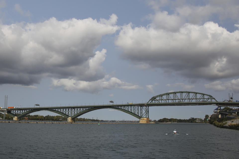 This photo shows a general view of the Peace Bridge, Tuesday, Sept. 22, 2020, in Buffalo N.Y. Pascale Ferrier, a Canadian woman accused of mailing a package containing the poison ricin to the White House, was taken into custody Sunday, Sept. 20 by U.S. Customs and Border Protection officers at the Peace Bridge border crossing near Buffalo and is expected to face federal charges Tuesday in Buffalo, New York. (AP Photo/Jeffrey T. Barnes)