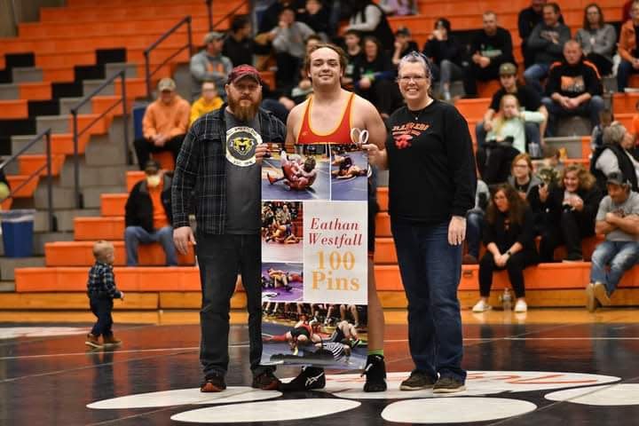 Reading senior Eathan Westfall earned his 100th career pin at the team districts Wednesday night.