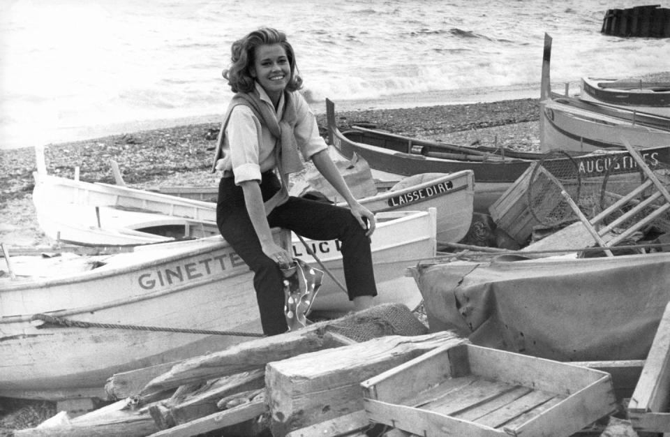 <p>Jane Fonda poses amongst boats in France.</p>