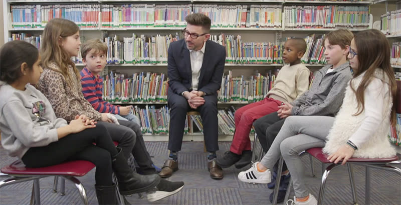 Marc Brackett, director of the Yale Center for Emotional Intelligence, talks with students who are part of the RULER social-emotional learning program. (Yale Center for Emotional Intelligence)