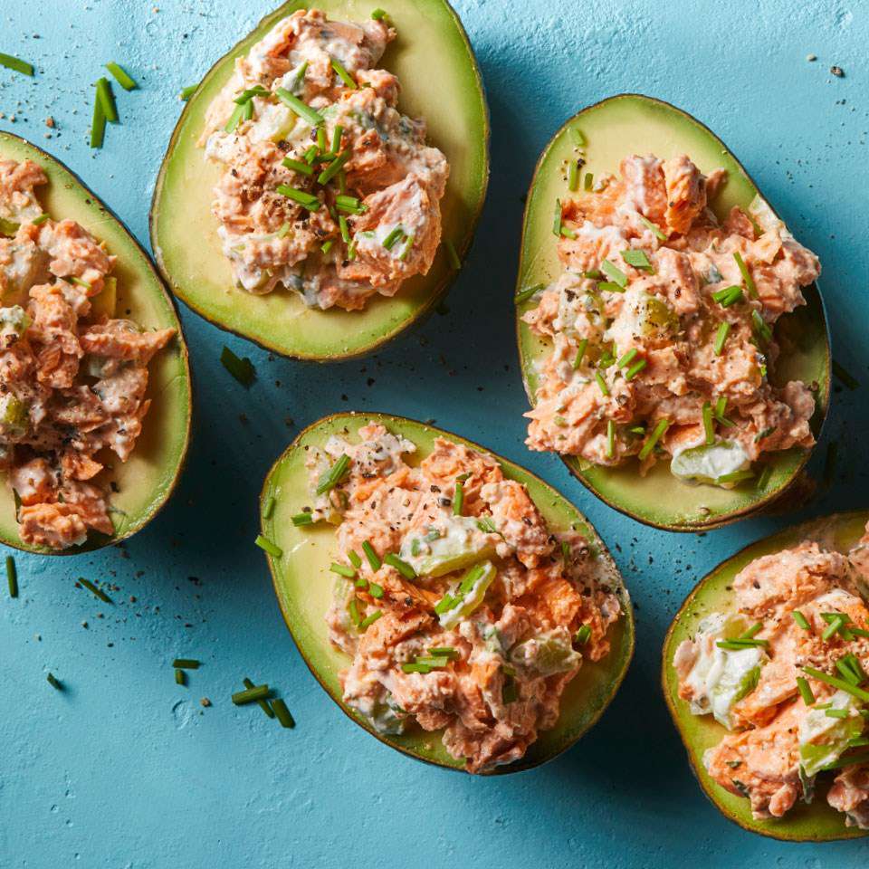 <p>Canned salmon is a valuable pantry staple and a practical way to include heart-healthy omega-3-rich fish in your diet. Here, we combine it with avocados in an easy no-cook meal. <a href="https://www.eatingwell.com/recipe/270549/salmon-stuffed-avocados/" rel="nofollow noopener" target="_blank" data-ylk="slk:View Recipe;elm:context_link;itc:0;sec:content-canvas" class="link ">View Recipe</a></p>