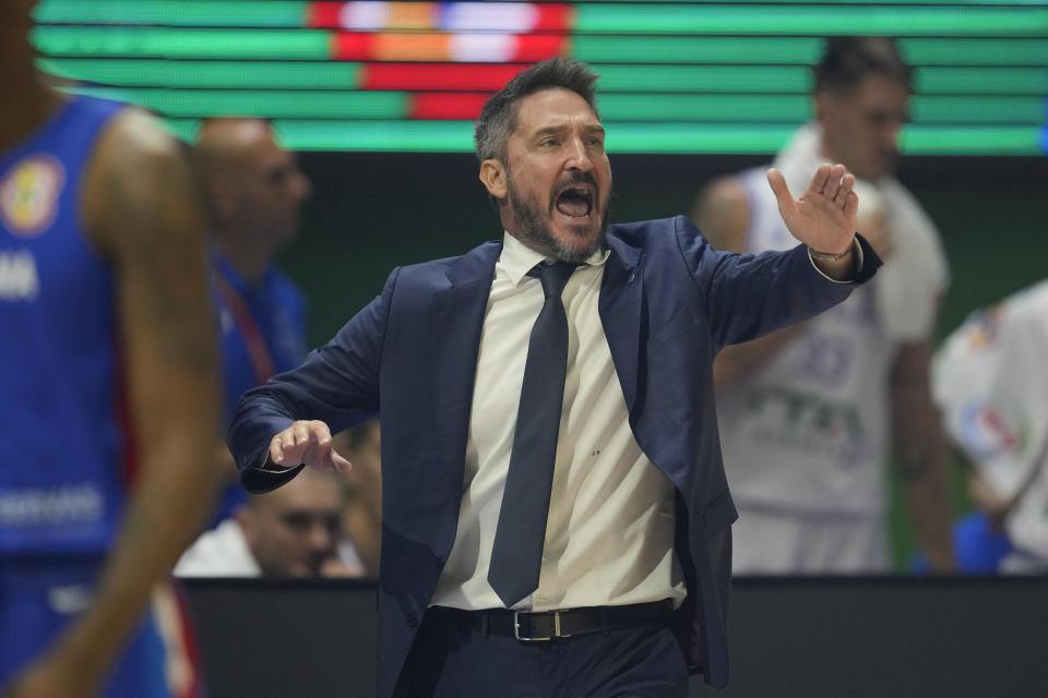 Italy coach Gianmarco Pozzecco during their Basketball World Cup group A match against Dominican Republic at the Araneta Coliseum in Manila, Philippines Sunday, Aug. 27, 2023. (AP Photo/Aaron Favila)