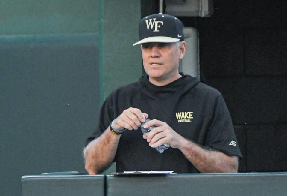 Wake Forest Coach Tom Walter during the bottom of the second inning at Doug Kingsmore Stadium in Clemson Thursday, March 30, 2023.