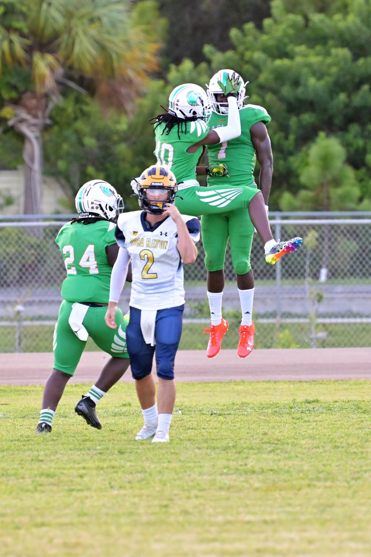 Atlantic’s Jayden Parrish celebrates a pick-six against Boca Raton, a play that helped set the Eagles’ strong defensive tone in the game (Sept. 14, 2023).