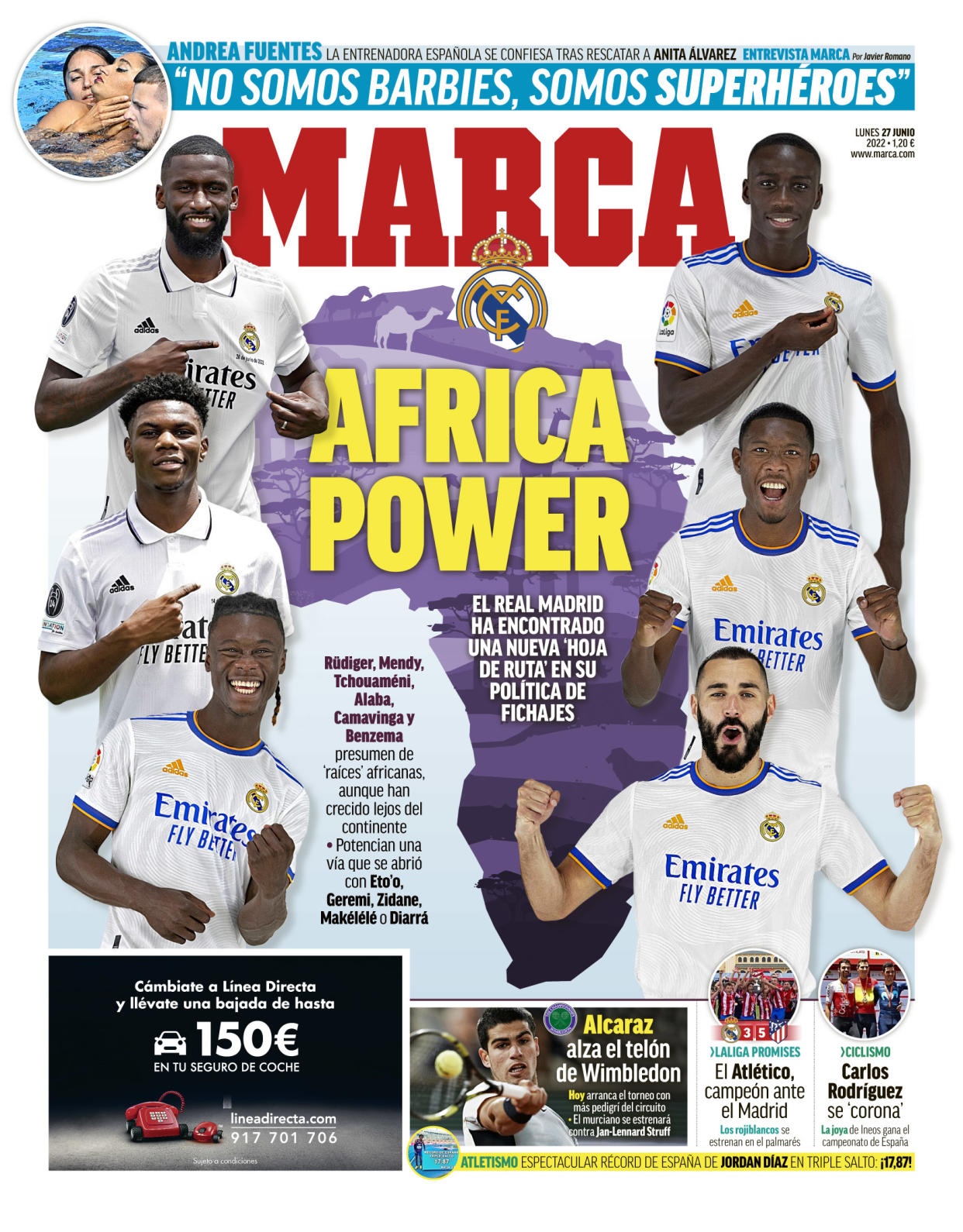 La portada de ‘Marca’ de este 27 de junio sobre las raíces africanas de seis jugadores del Real Madrid. (Foto: Marca).